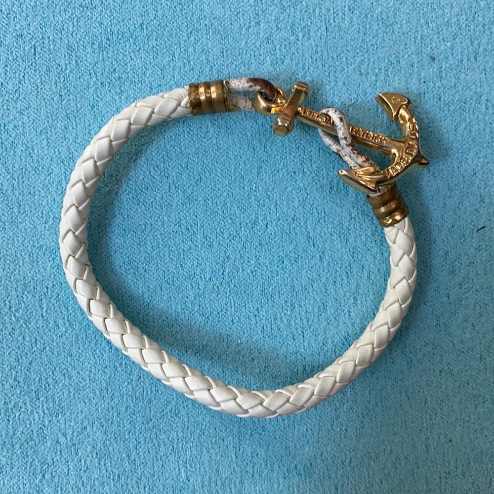 White Braided Leather Bracelet with Gold Anchor Clasp
